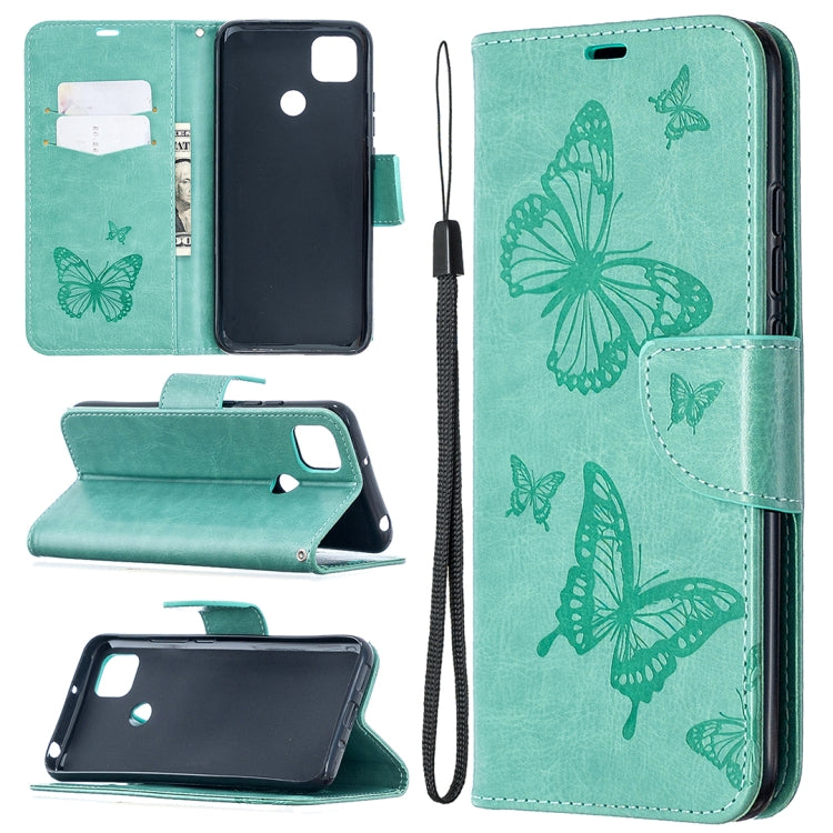 For Xiaomi Redmi 9C Two Butterflies Embossing Pattern Horizontal Flip Leather Case with Holder & Card Slot & Wallet & Lanyard(Green) - free shipping - PMC TechLife - Order now!