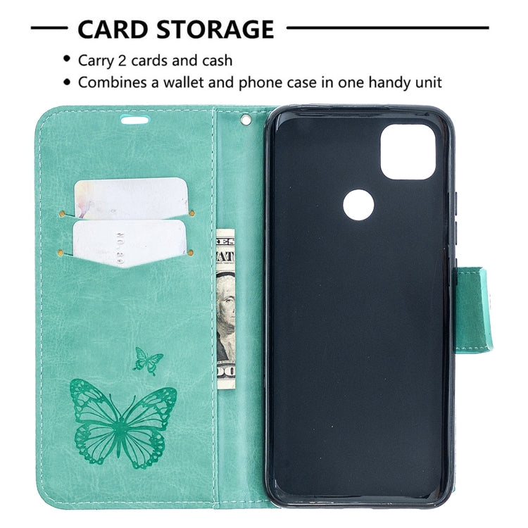 For Xiaomi Redmi 9C Two Butterflies Embossing Pattern Horizontal Flip Leather Case with Holder & Card Slot & Wallet & Lanyard(Green) - free shipping - PMC TechLife - Order now!