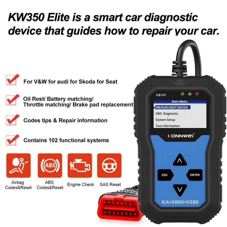 KONNWEI KW350 OBDII 12V Car Diagnostics Detector Scanner with 2 inch Black And White Display Screen V007 for Audi / Volkswagen - free shipping - PMC TechLife - Order now!