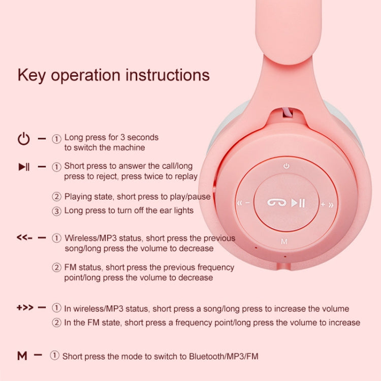 M6 Luminous Cat Ears Pure-color Foldable Bluetooth Headset with 3.5mm Jack & TF Card Slot (Pink) - Headset & Headphone by PMC TechLife | Online Shopping South Africa | PMC TechLife