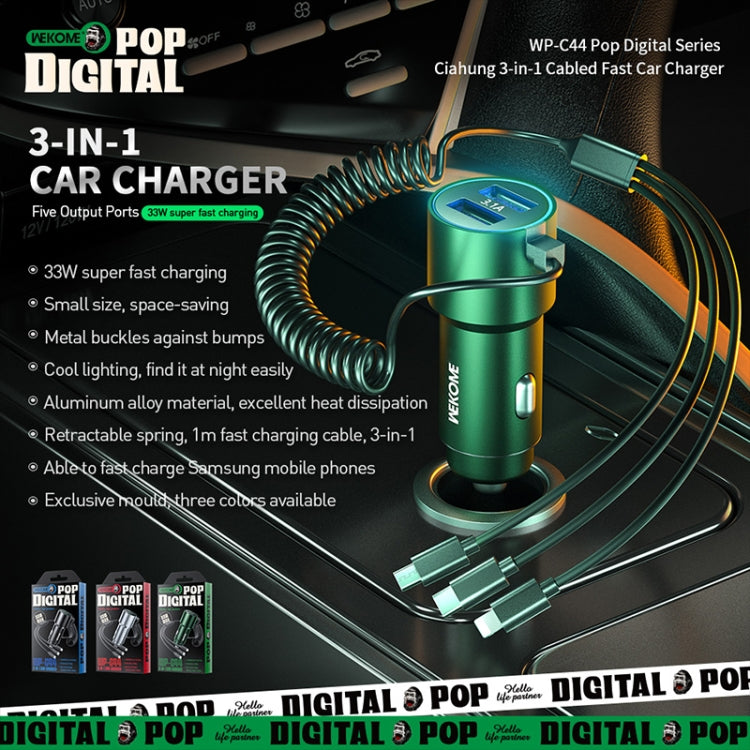WK WP-C44 Pop Digital Series Ciahung 3-in-1 Cabled 33W Dual-USB Fast Car Charger (Green) - Car Charger by WK | Online Shopping South Africa | PMC TechLife | Buy Now Pay Later Mobicred