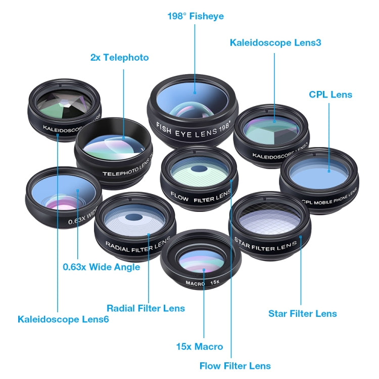 APEXEL APL-DG10 Macro Wide-angle Fisheye Telephoto CPL Flow Filter Radial Filter Star Filter Kaleidoscope 3 & 6 Lens Kit, For iPhone, Samsung, Huawei, Xiaomi, HTC and Other Smartphones, Ultra-thin Digital Camera - Combination Lens by APEXEL | Online Shopping South Africa | PMC TechLife