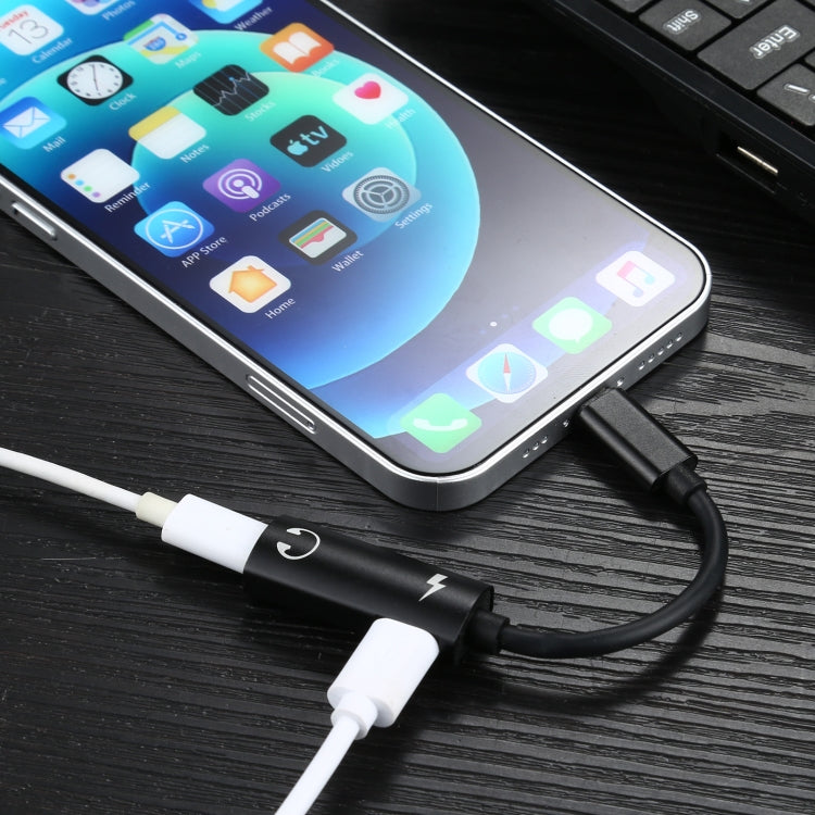 2 in 1 8 Pin Male to Dual 8 Pin Female Charging and Listening to Music Audio Earphone Adapter, Compatible with All IOS Systems(Black) - Earphone Adapter by PMC TechLife | Online Shopping South Africa | PMC TechLife
