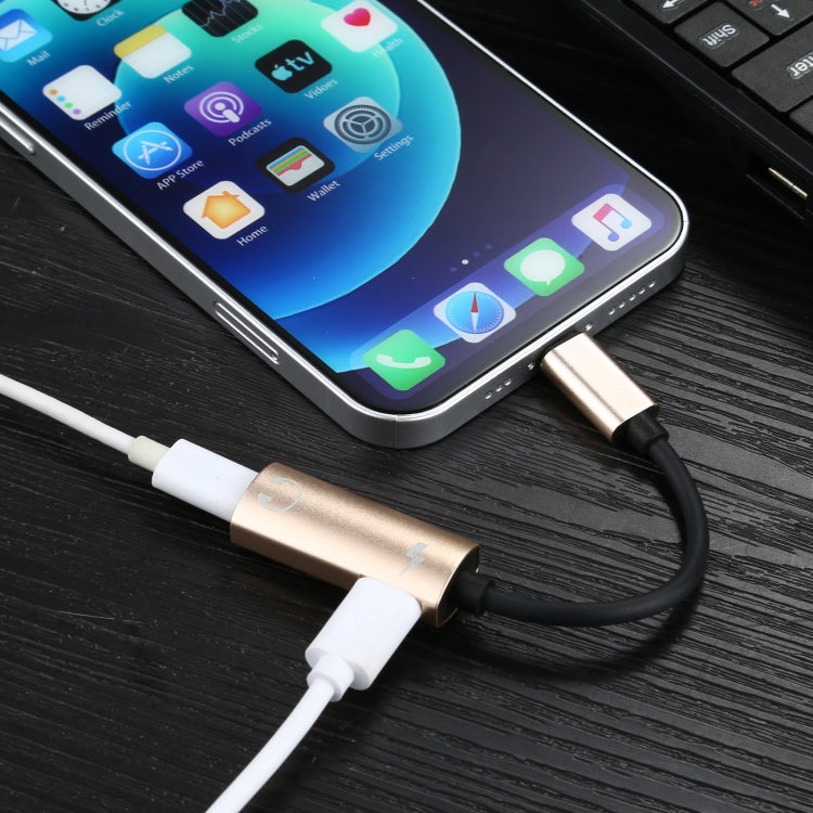 2 in 1 8 Pin Male to Dual 8 Pin Female Charging and Listening to Music Audio Earphone Adapter, Compatible with All IOS Systems(Gold) - Earphone Adapter by PMC TechLife | Online Shopping South Africa | PMC TechLife