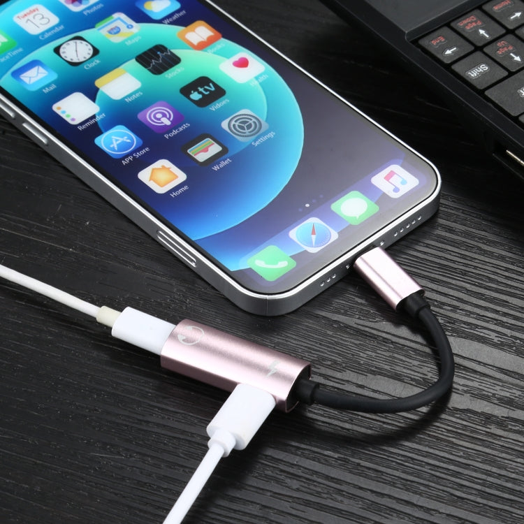 2 in 1 8 Pin Male to Dual 8 Pin Female Charging and Listening to Music Audio Earphone Adapter, Compatible with All IOS Systems(Rose Gold) - Earphone Adapter by PMC TechLife | Online Shopping South Africa | PMC TechLife