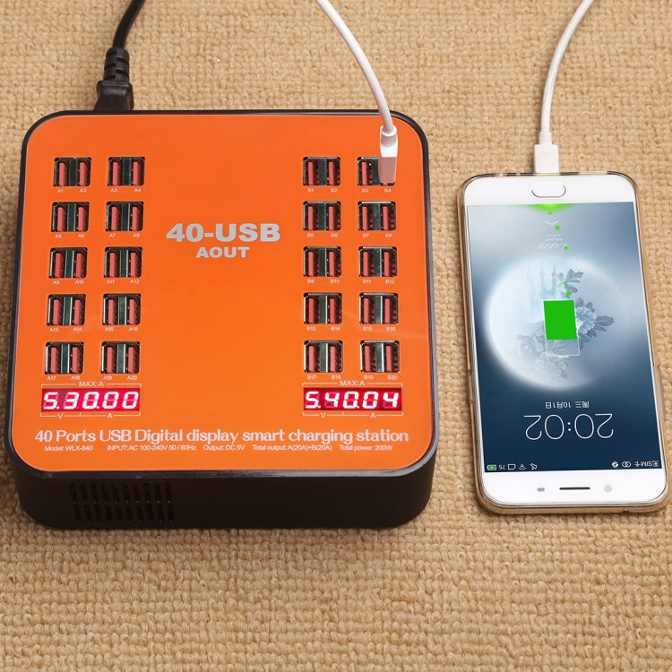 WLX-840 200W 40 Ports USB Digital Display Smart Charging Station AC100-240V, AU Plug (Black+Orange) - Multifunction Charger by PMC TechLife | Online Shopping South Africa | PMC TechLife | Buy Now Pay Later Mobicred