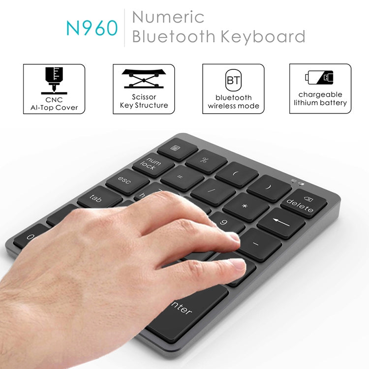 N960 Ultra-thin Universal Aluminum Alloy Rechargeable Wireless Bluetooth Numeric Keyboard (Grey) - Mini Keyboard by PMC TechLife | Online Shopping South Africa | PMC TechLife | Buy Now Pay Later Mobicred