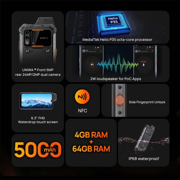 UNIWA W888 Explosion-proof Rugged Phone, 4GB+64GB, IP68 Waterproof Dustproof Shockproof, 5000mAh Battery, 6.3 inch Android 11 MTK6765 Helio P35 Octa Core up to 2.35GHz, Network: 4G, NFC, OTG(Black+Orange) - UNIWA by UNIWA | Online Shopping South Africa | PMC TechLife