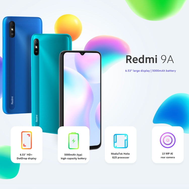 Xiaomi Redmi 9A, 4GB+64GB, 5000mAh Battery, Face Identification, 6.53 inch MIUI 12 MTK Helio G25 Octa Core up to 2.0GHz, Network: 4G, Dual SIM, Support Google Play(Blue) - free shipping - PMC TechLife - Order now!