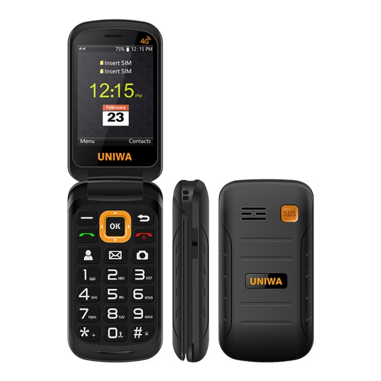 UNIWA V909T Flip Phone, 2.8 inch + 1.77 inch, UNISOC Tiger T107, Support Bluetooth, FM, Network: 4G, SOS, with Charge Dock Base(Black) - UNIWA by UNIWA | Online Shopping South Africa | PMC TechLife