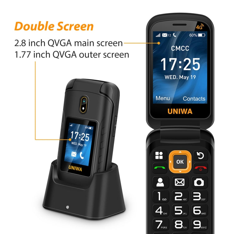 UNIWA V909T Flip Phone, 2.8 inch + 1.77 inch, UNISOC Tiger T107, Support Bluetooth, FM, Network: 4G, SOS, with Charge Dock Base(Black) - UNIWA by UNIWA | Online Shopping South Africa | PMC TechLife