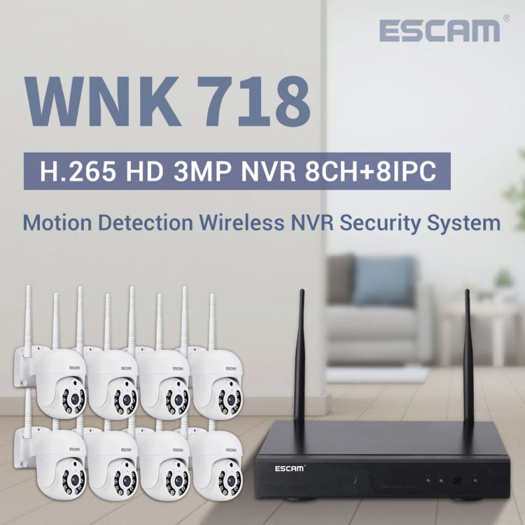 ESCAM WNK718 HD 3.0 Million Pixels 8-channel Wireless + 8IPC Wireless NVR Security System, UK Plug - free shipping - PMC TechLife - Order now!