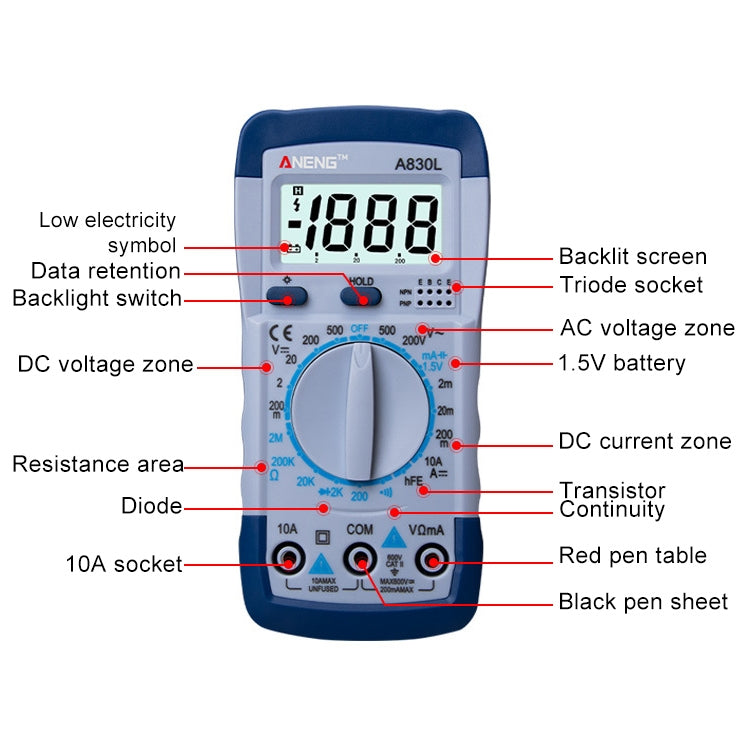 ANENG A830L Handheld Multimeter Household Electrical Instrument (Yellow Grey) - Current & Voltage Tester by ANENG | Online Shopping South Africa | PMC TechLife | Buy Now Pay Later Mobicred