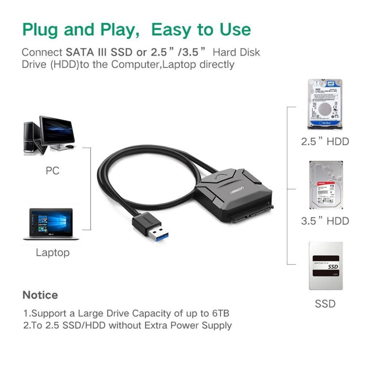 UGREEN USB 3.0 to SATA Adapter Cable Converter for 2.5 / 3.5 inch Hard Drive Disk HDD and SSD, Support UASP SATA 3.0(Black) - USB to IDE / SATA by UGREEN | Online Shopping South Africa | PMC TechLife