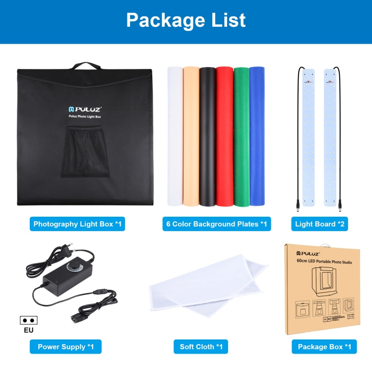 PULUZ Photo Studio Light Box Portable 60 x 60 x 60 cm Light Tent LED 5500K White Light Dimmable Mini 36W Photography Studio Tent Kit with 6 Removable Backdrops (Black Orange White Green Blue Red)(EU Plug) - free shipping - PMC TechLife - Order now!