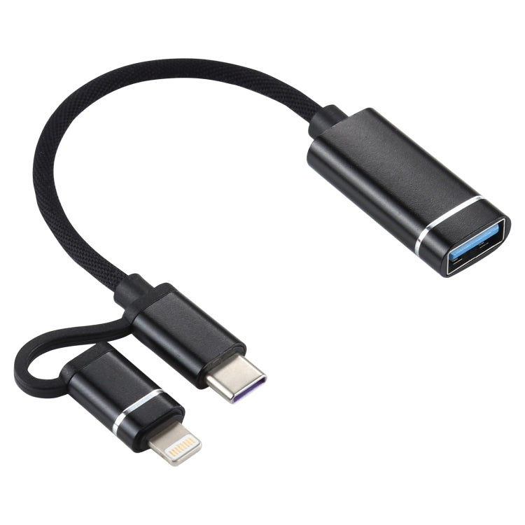 USB 3.0 Female to 8 Pin + USB-C / Type-C Male Charging + Transmission OTG Nylon Braided Adapter Cable, Cable Length: 11cm(Black) - Converter & Adapter by PMC TechLife | Online Shopping South Africa | PMC TechLife