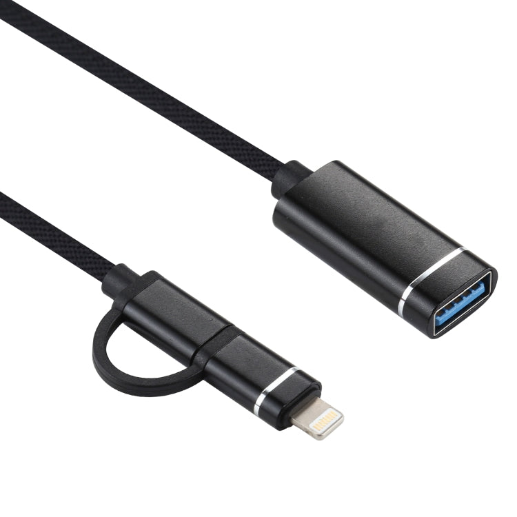 USB 3.0 Female to 8 Pin + USB-C / Type-C Male Charging + Transmission OTG Nylon Braided Adapter Cable, Cable Length: 11cm(Black) - Converter & Adapter by PMC TechLife | Online Shopping South Africa | PMC TechLife