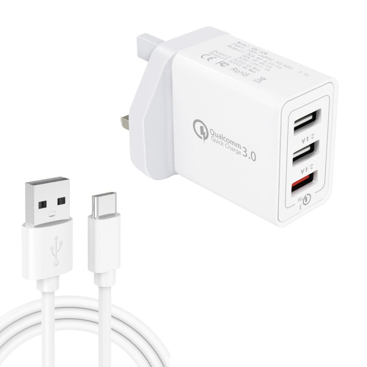 SDC-30W 2 in 1 USB to USB-C / Type-C Data Cable + 30W QC 3.0 USB + 2.4A Dual USB 2.0 Ports Mobile Phone Tablet PC Universal Quick Charger Travel Charger Set, UK Plug - USB Charger by PMC TechLife | Online Shopping South Africa | PMC TechLife