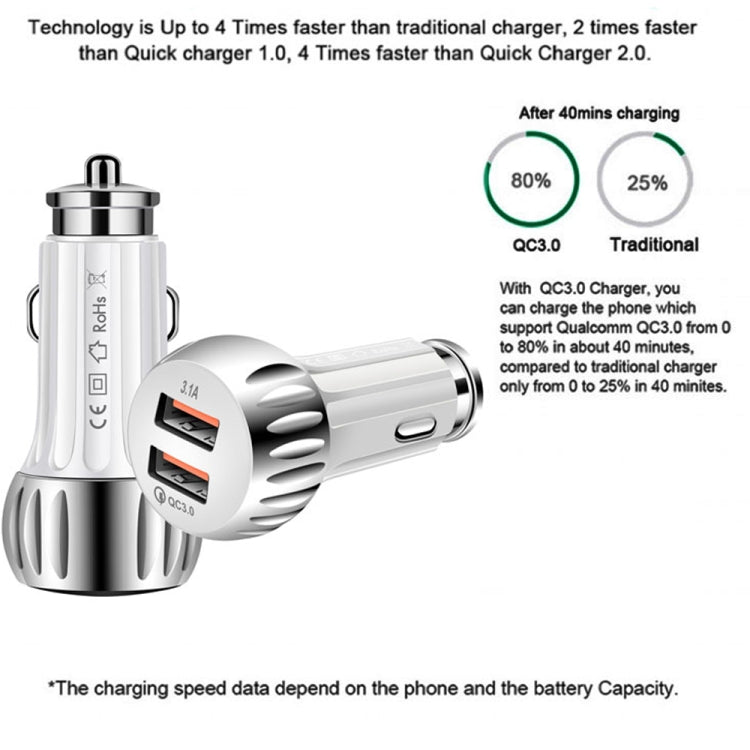 YSY-310QC18W QC3.0 Dual Port USB Car Charger + 3A USB to 8 Pin Data Cable, Cable Length: 1m(White) - Car Charger by PMC TechLife | Online Shopping South Africa | PMC TechLife