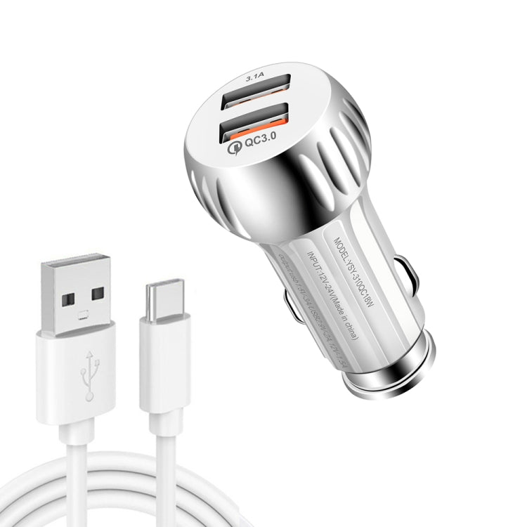 YSY-310QC18W QC3.0 Dual Port USB Car Charger + 3A USB to USB-C / Type-C Data Cable, Cable Length: 1m(White) - Car Charger by PMC TechLife | Online Shopping South Africa | PMC TechLife