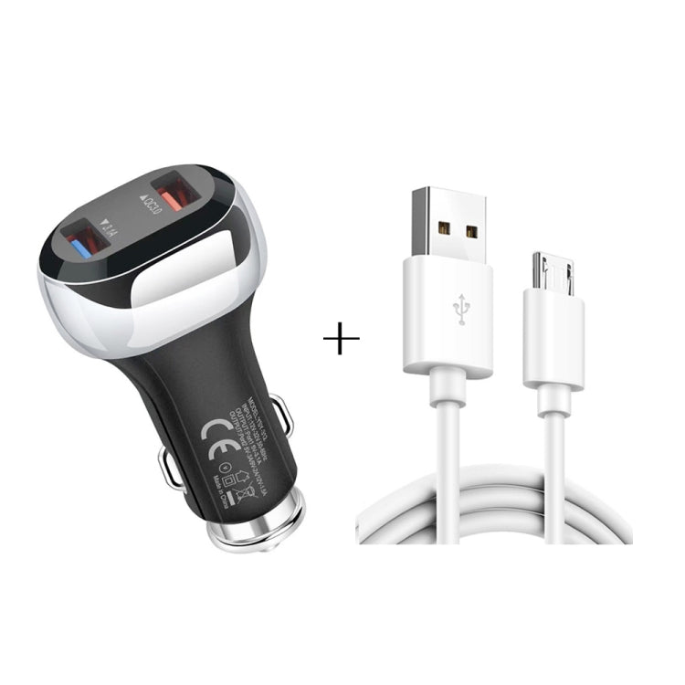 YSY-312 2 in 1 18W Portable QC3.0 Dual USB Car Charger + 1m 3A USB to Micro USB Data Cable Set(Black) - Car Charger by PMC TechLife | Online Shopping South Africa | PMC TechLife