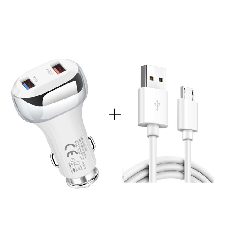 YSY-312 2 in 1 18W Portable QC3.0 Dual USB Car Charger + 1m 3A USB to Micro USB Data Cable Set(White) - Car Charger by PMC TechLife | Online Shopping South Africa | PMC TechLife