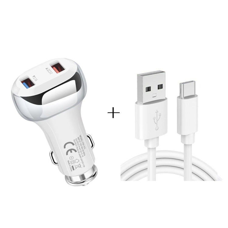 YSY-312 2 in 1 18W Portable QC3.0 Dual USB Car Charger + 1m 3A USB to USB-C / Type-C Data Cable Set(White) - Car Charger by PMC TechLife | Online Shopping South Africa | PMC TechLife