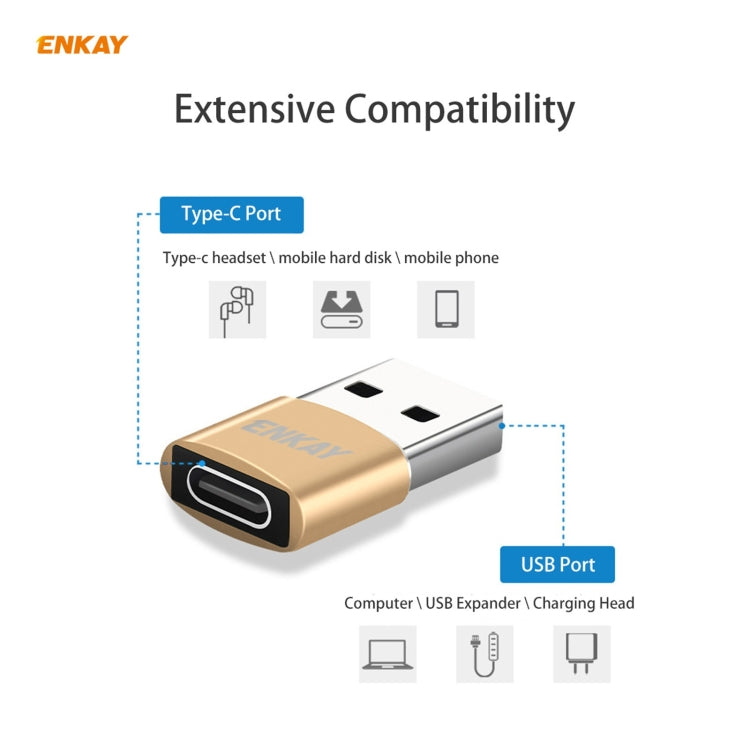 ENKAY ENK-AT105 USB Male to USB-C / Type-C Female Aluminium Alloy Adapter Converter, Support Quick Charging & Data Transmission(Gold) - Type-C Adapter by ENKAY | Online Shopping South Africa | PMC TechLife | Buy Now Pay Later Mobicred