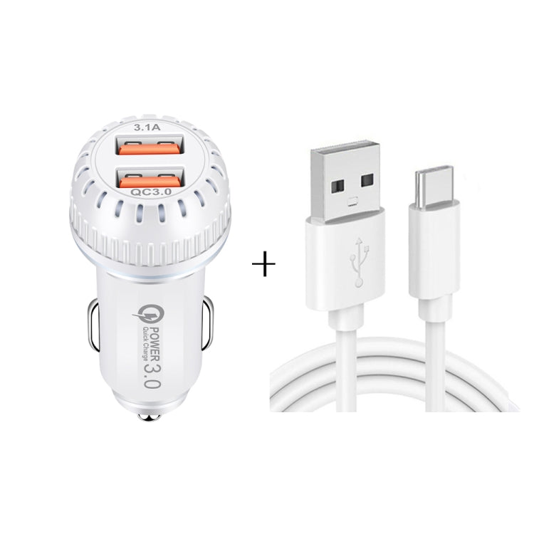 YSY-349 QC3.0 Dual Port USB Car Charger + 3A USB to USB-C / Type-C Data Cable, Length: 1m(White) - Car Charger by PMC TechLife | Online Shopping South Africa | PMC TechLife