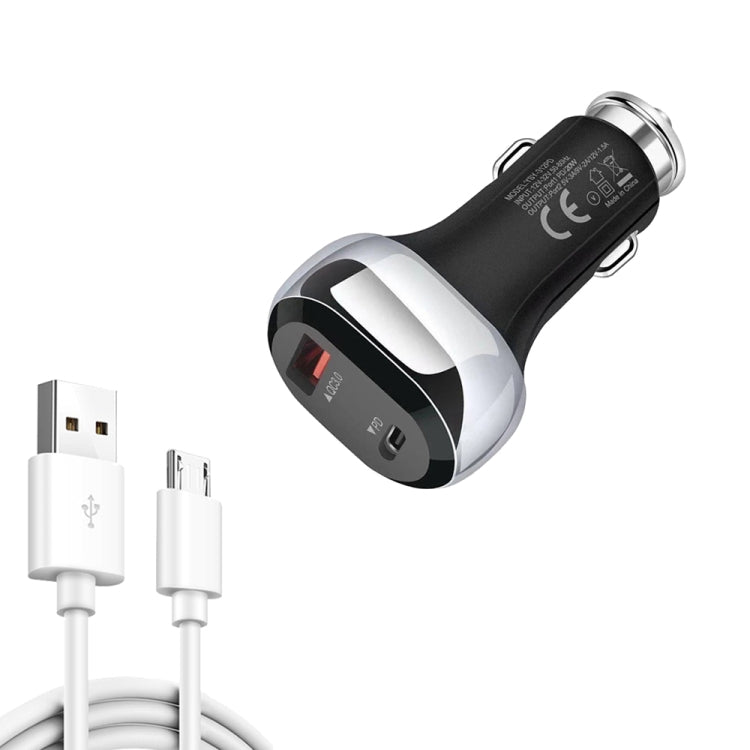 YSY-312PD QC3.0 18W USB + PD 20W USB-C / Type-C Car Charger with USB to Micro USB Data Cable(Black) - Car Charger by PMC TechLife | Online Shopping South Africa | PMC TechLife