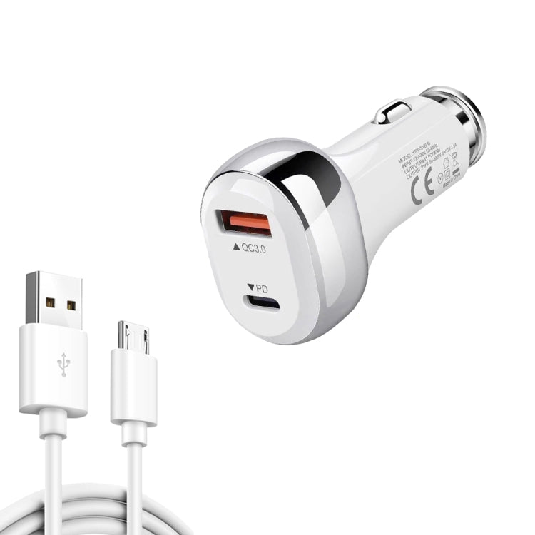 YSY-312PD QC3.0 18W USB + PD 20W USB-C / Type-C Car Charger with USB to Micro USB Data Cable(White) - Car Charger by PMC TechLife | Online Shopping South Africa | PMC TechLife