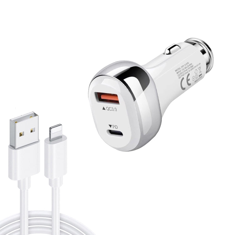 YSY-312PD QC3.0 18W USB + PD 20W USB-C / Type-C Car Charger with USB to 8 Pin Data Cable(White) - Car Charger by PMC TechLife | Online Shopping South Africa | PMC TechLife