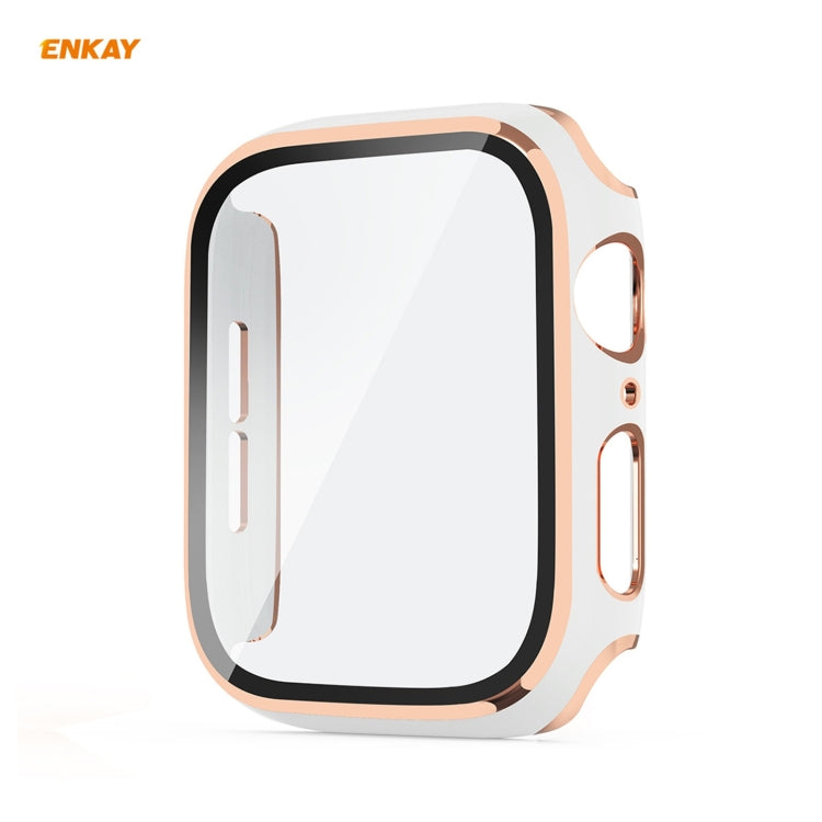 ENKAY Hat-Prince Full Coverage Electroplated PC Case + Tempered Glass Protector for Apple Watch Series 6 / 5 / 4 / SE 40mm(White+Champagne) - Watch Cases by ENKAY | Online Shopping South Africa | PMC TechLife | Buy Now Pay Later Mobicred