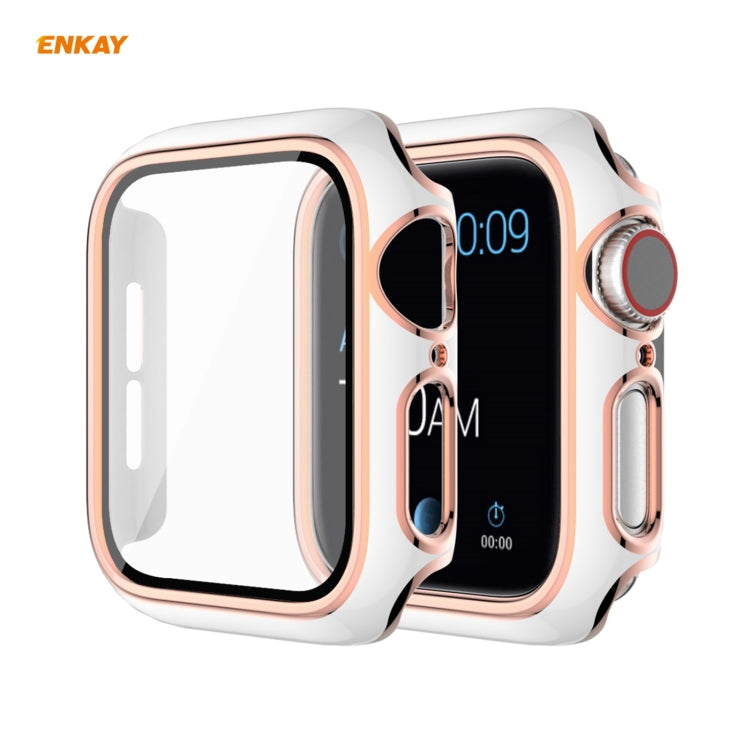 ENKAY Hat-Prince Full Coverage Electroplated PC Case + Tempered Glass Protector for Apple Watch Series 6 / 5 / 4 / SE 44mm(White+Champagne) - Watch Cases by ENKAY | Online Shopping South Africa | PMC TechLife | Buy Now Pay Later Mobicred