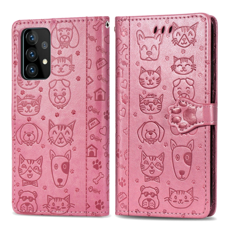 For Samsung Galaxy A52 5G/4G Cute Cat and Dog Embossed Horizontal Flip Leather Case with Holder & Card Slots & Wallet & Crossbody Lanyard & Card Cover(Pink) - Galaxy Phone Cases by PMC TechLife | Online Shopping South Africa | PMC TechLife