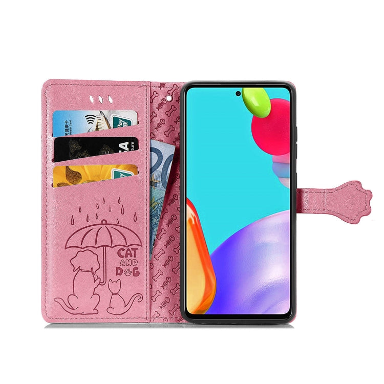 For Samsung Galaxy A52 5G/4G Cute Cat and Dog Embossed Horizontal Flip Leather Case with Holder & Card Slots & Wallet & Crossbody Lanyard & Card Cover(Pink) - Galaxy Phone Cases by PMC TechLife | Online Shopping South Africa | PMC TechLife