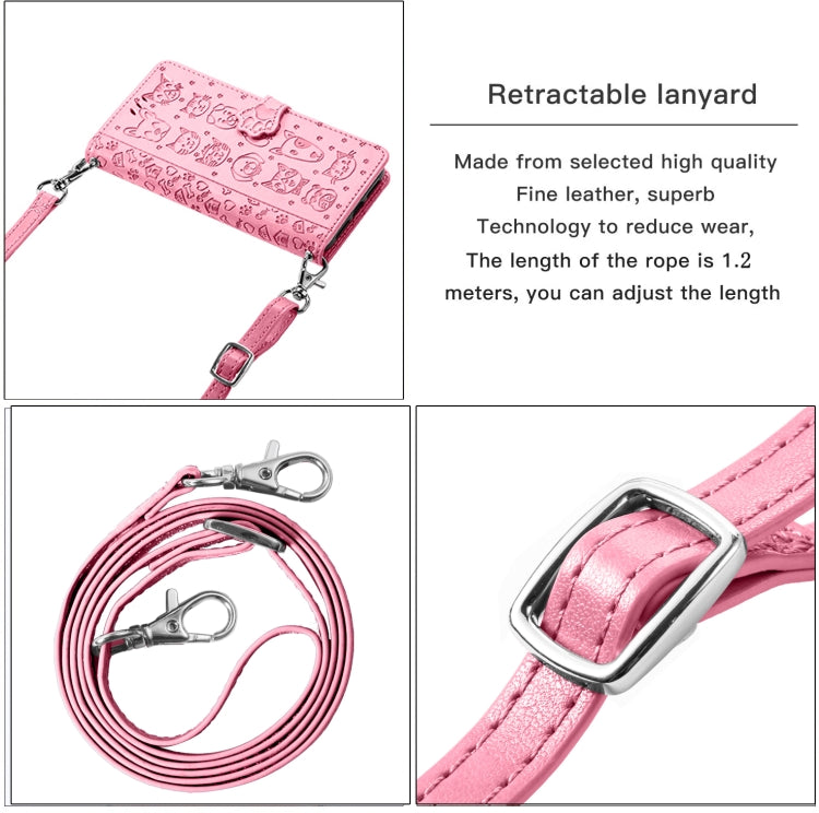 For Samsung Galaxy A52 5G/4G Cute Cat and Dog Embossed Horizontal Flip Leather Case with Holder & Card Slots & Wallet & Crossbody Lanyard & Card Cover(Pink) - Galaxy Phone Cases by PMC TechLife | Online Shopping South Africa | PMC TechLife
