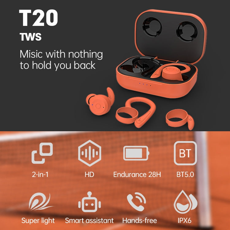 T20 TWS Bluetooth Hooks Wireless Sports Headphones with Charging Box IPX6 Waterproof Noise-cancelling Earphones(Gray) - Bluetooth Earphone by PMC TechLife | Online Shopping South Africa | PMC TechLife