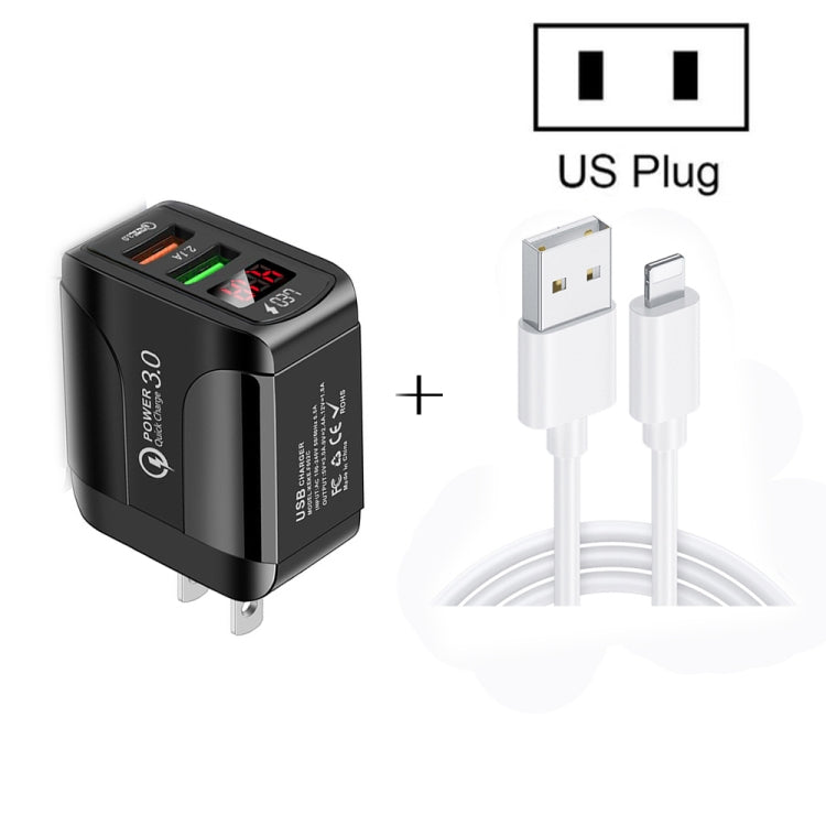 F002C QC3.0 USB + USB 2.0 LED Digital Display Fast Charger with USB to 8 Pin Data Cable, US Plug(Black) - USB Charger by PMC TechLife | Online Shopping South Africa | PMC TechLife | Buy Now Pay Later Mobicred