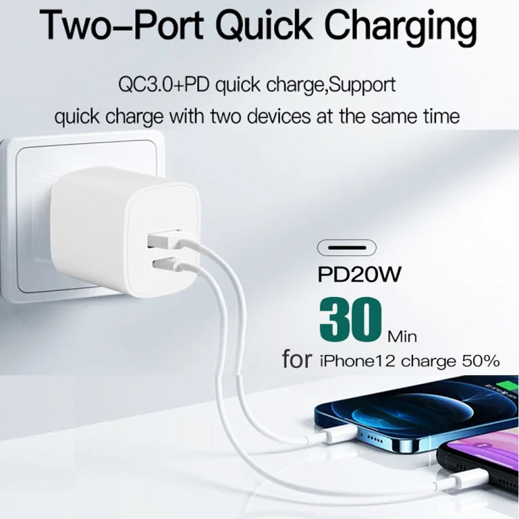 CS-20W Mini Portable PD3.0 + QC3.0 Dual Ports Fast Charger with 3A USB to 8 Pin Data Cable(EU Plug) - USB Charger by PMC TechLife | Online Shopping South Africa | PMC TechLife | Buy Now Pay Later Mobicred