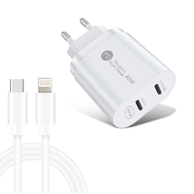 002 40W Dual Port PD / Type-C Fast Charger with USB-C to 8 Pin Data Cable, EU Plug(White) - free shipping - PMC TechLife - Order now!
