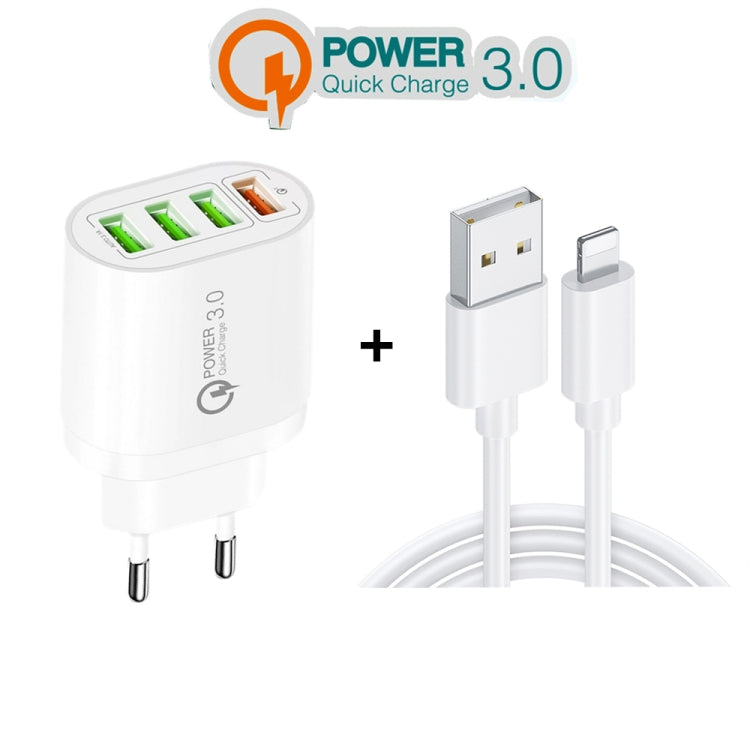 QC-04 QC3.0 + 3 x USB2.0 Multi-ports Charger with 3A USB to 8 Pin Data Cable, EU Plug(White) - USB Charger by PMC TechLife | Online Shopping South Africa | PMC TechLife