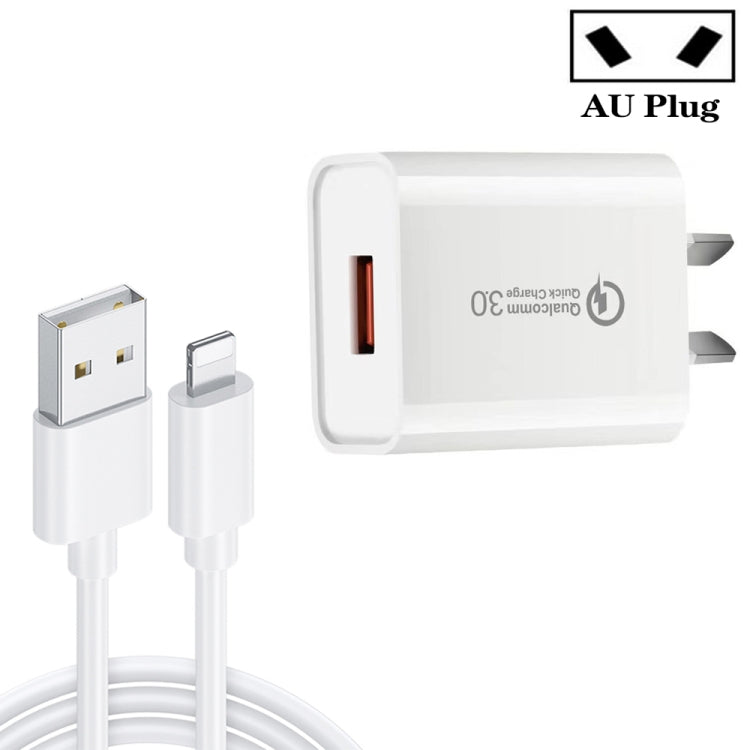 CA-25 QC3.0 USB 3A Fast Charger with USB to 8 Pin Data Cable, AU Plug(White) - USB Charger by PMC TechLife | Online Shopping South Africa | PMC TechLife | Buy Now Pay Later Mobicred