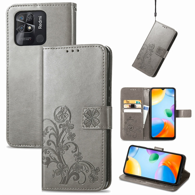 For Xiaomi Redmi 10C Four-leaf Clasp Embossed Buckle Leather Phone Case(Gray) - Xiaomi Cases by PMC TechLife | Online Shopping South Africa | PMC TechLife | Buy Now Pay Later Mobicred