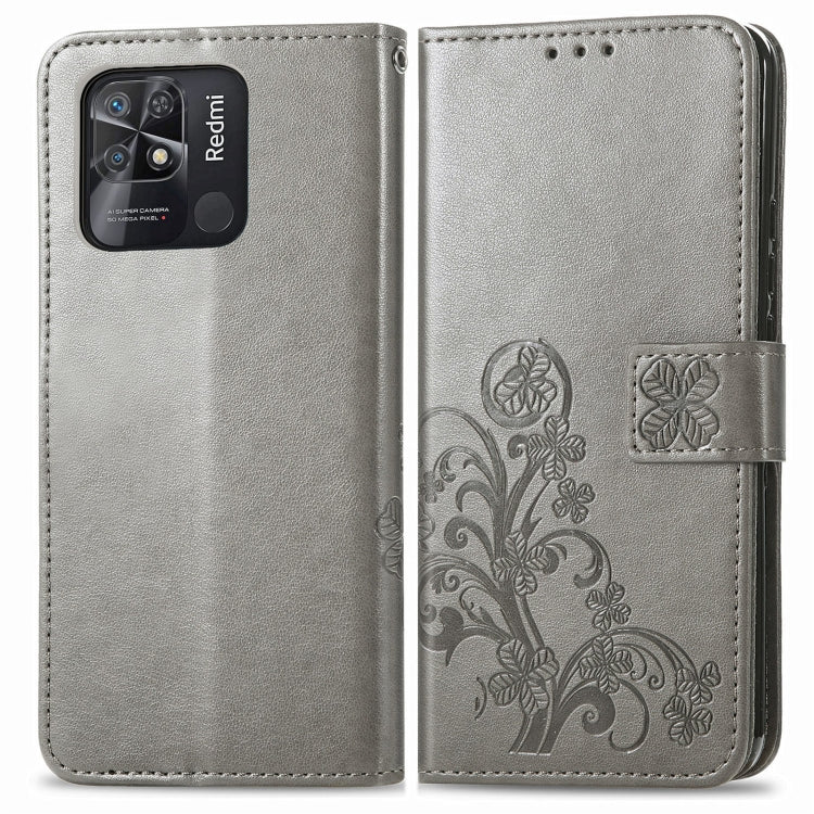 For Xiaomi Redmi 10C Four-leaf Clasp Embossed Buckle Leather Phone Case(Gray) - Xiaomi Cases by PMC TechLife | Online Shopping South Africa | PMC TechLife | Buy Now Pay Later Mobicred