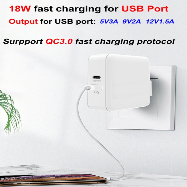 PD-65W USB-C / Type-C + QC3. 0 USB Laptop Charging Adapter + 1.8m USB-C / Type-C to MagSafe 2 / T Head Data Cable,  EU Plug / AU Plug / UK Plug / US Plug(Black) - Cable & Adapter by PMC TechLife | Online Shopping South Africa | PMC TechLife