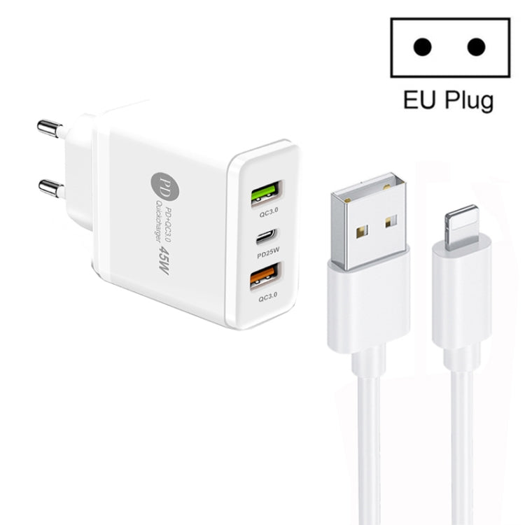 45W PD25W + 2 x QC3.0 USB Multi Port Charger with USB to 8 Pin Cable, EU Plug(White) - free shipping - PMC TechLife - Order now!