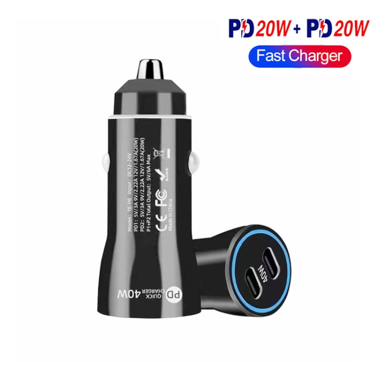 TE-P8 40W PD20W + PD20W Dual Port PD3.0 Car Charger with Type-c to Type-C Data Cable, Length: 1m(Black) - Car Charger by PMC TechLife | Online Shopping South Africa | PMC TechLife