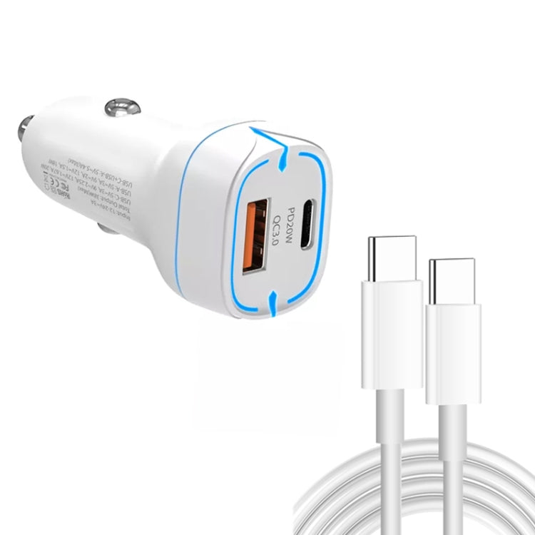 38W PD20W + QC3.0 USB Car Charger with Type-C to Type-C Data Cable, Length: 1m(White) - Car Charger by PMC TechLife | Online Shopping South Africa | PMC TechLife