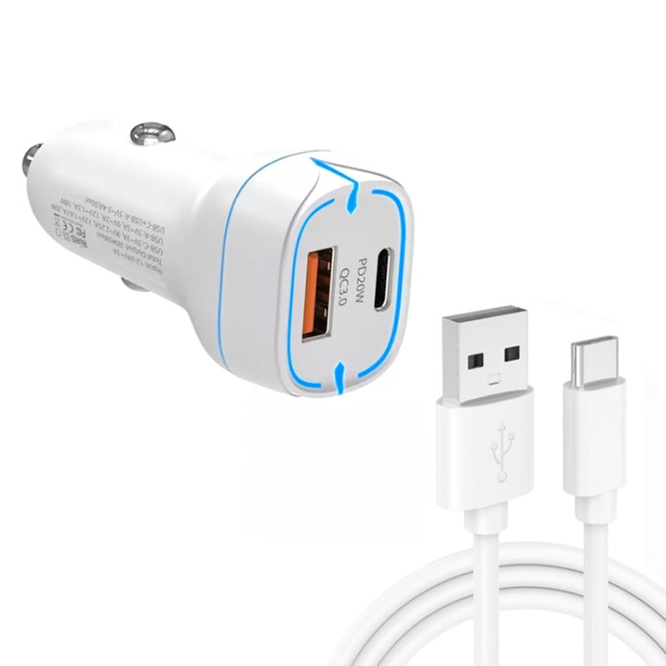38W PD20W + QC3.0 USB Car Charger with USB to Type-C Data Cable, Length: 1m(White) - Car Charger by PMC TechLife | Online Shopping South Africa | PMC TechLife